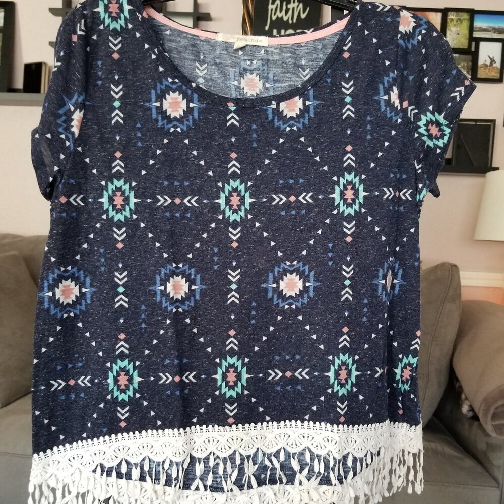Rewind Navy Blue Aztec Print Crop Top w/ Fringe